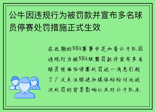 公牛因违规行为被罚款并宣布多名球员停赛处罚措施正式生效