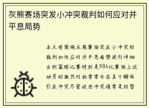 灰熊赛场突发小冲突裁判如何应对并平息局势